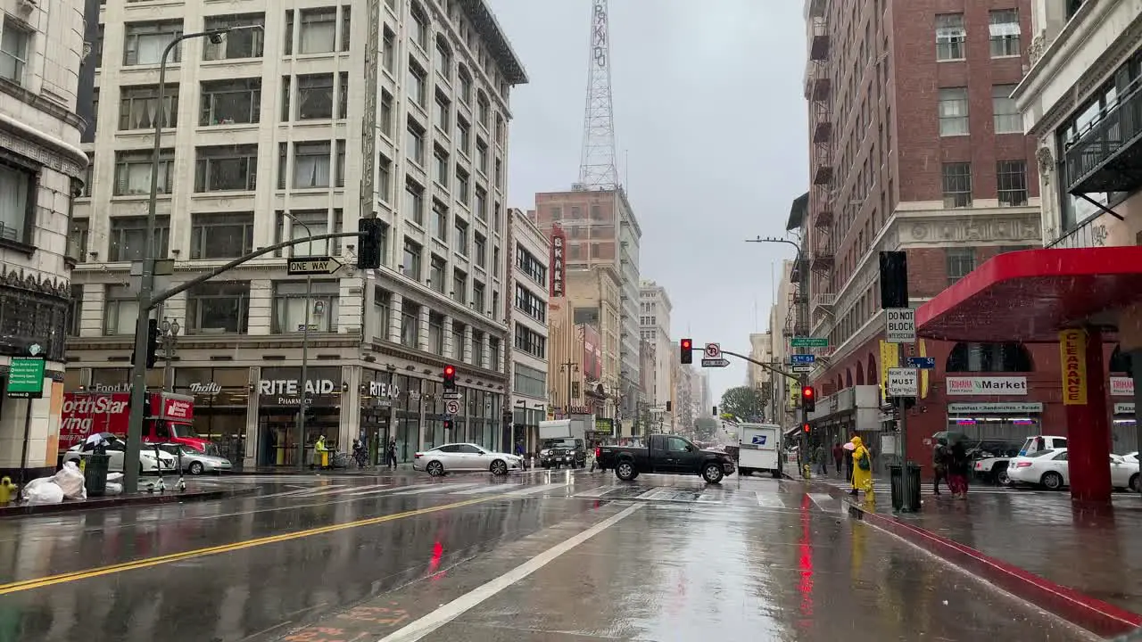 downtown Los Angeles during rain storm