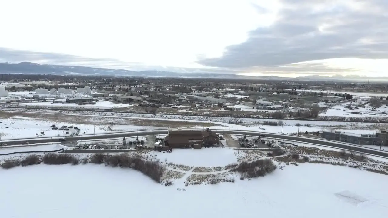 AERIAL Building sits in snow covered Montana