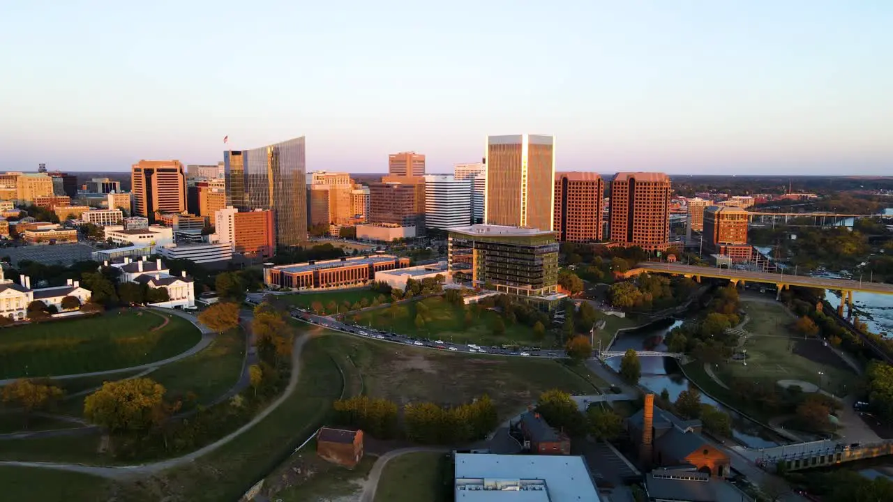 Downtown and Riverfront Parks in Richmond Virginia | Aerial View Zooming Out | Summer 2021