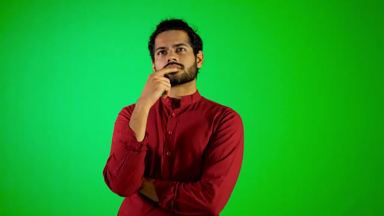 Indian guy questing motion in front of camera with green background  green screen