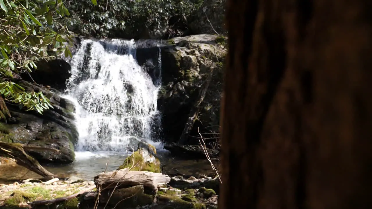 Slow motion waterfall wide shot with tree in foreground shot at 180 frames per second