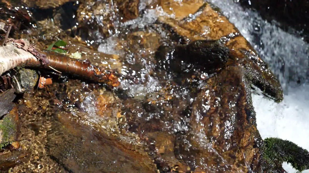 Slow motion of clear water flowing in a mountain stream shot at 180 fps