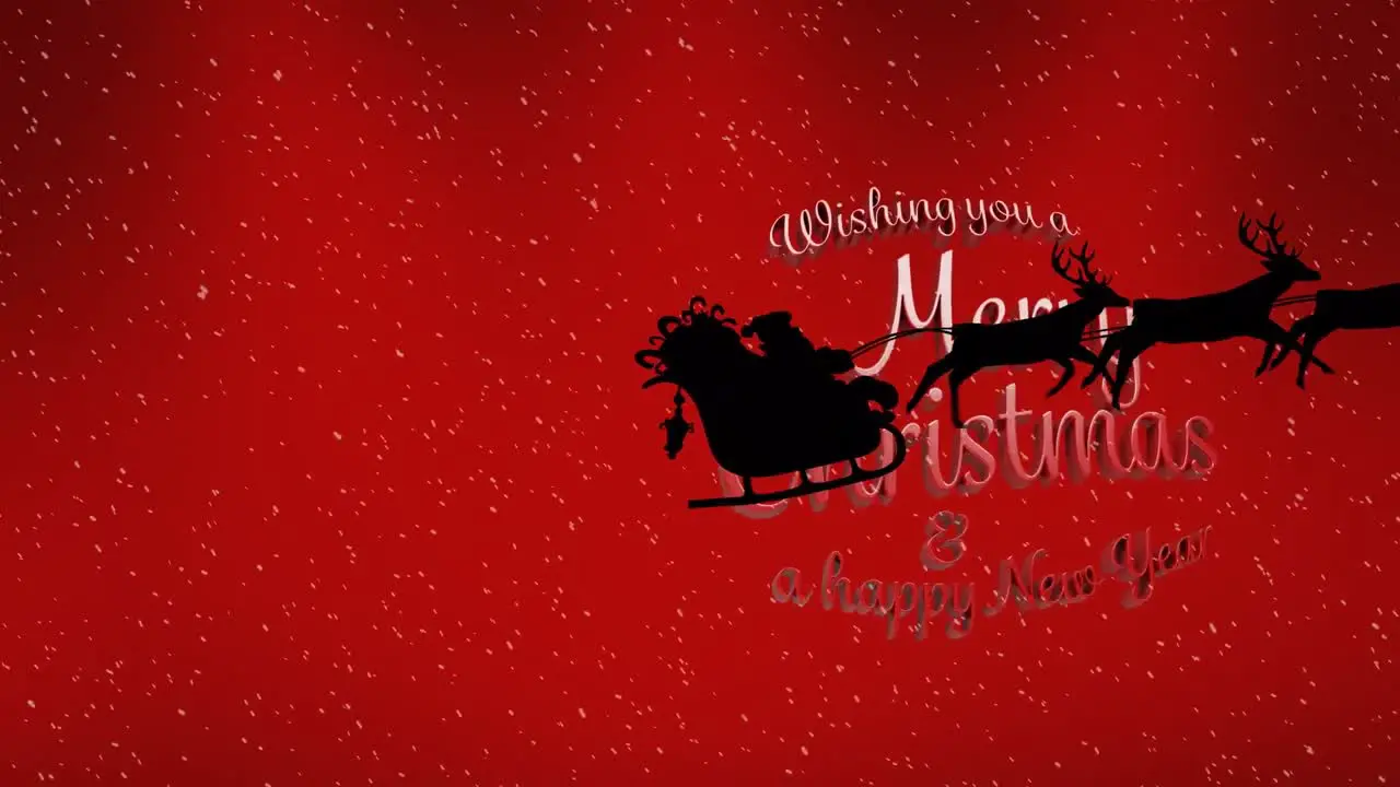 A composite of a red background with an animation of a black silhouette of santa claus in a sleigh