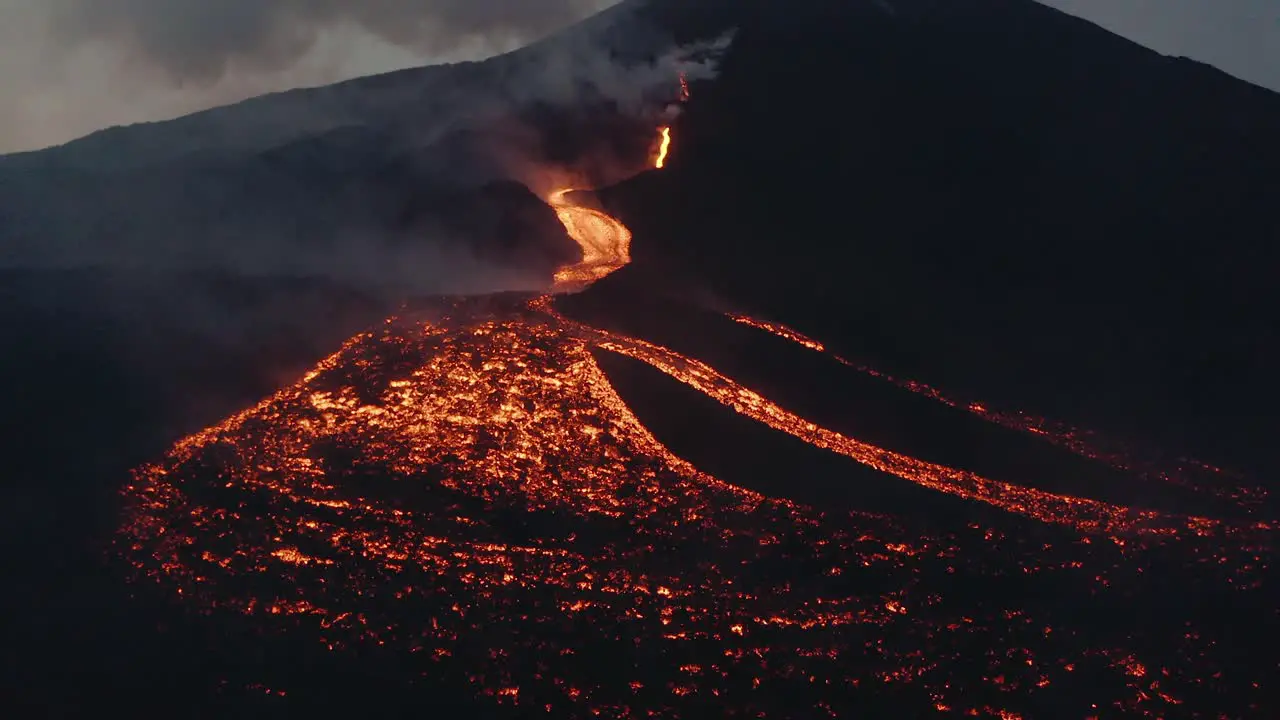 Lava rivers from Pacaya volcano eruption in Guatemala Drone aerial