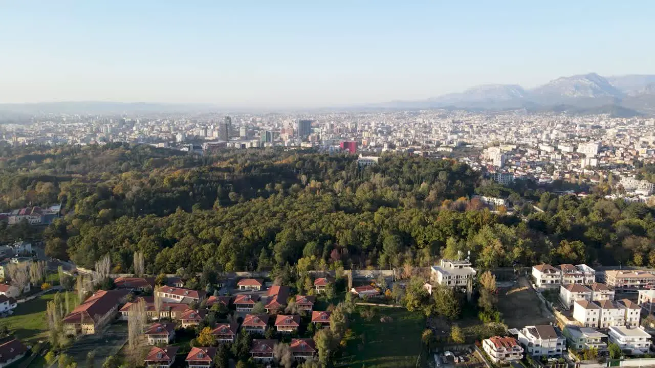 Flat view of city and mountains with drone