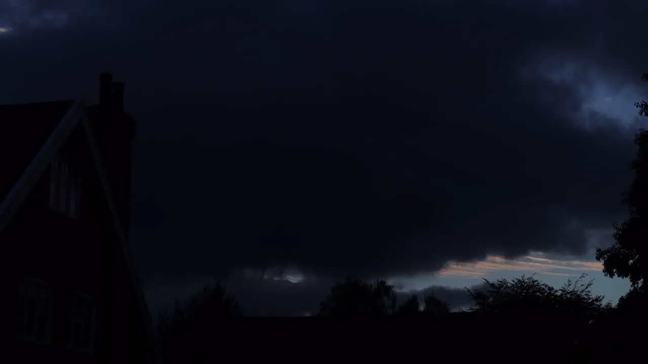 Time lapse of evening with clouds passing past cottage house with trees surrounding