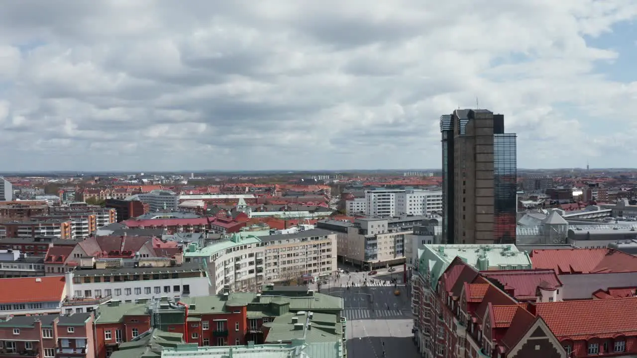 Drone shot of Malmö during sunny day with Triangeln in frame