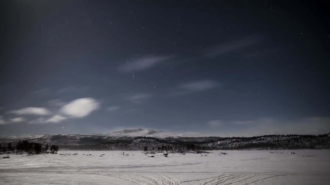 Timelapse of a very windy winterlandscape and starry sky