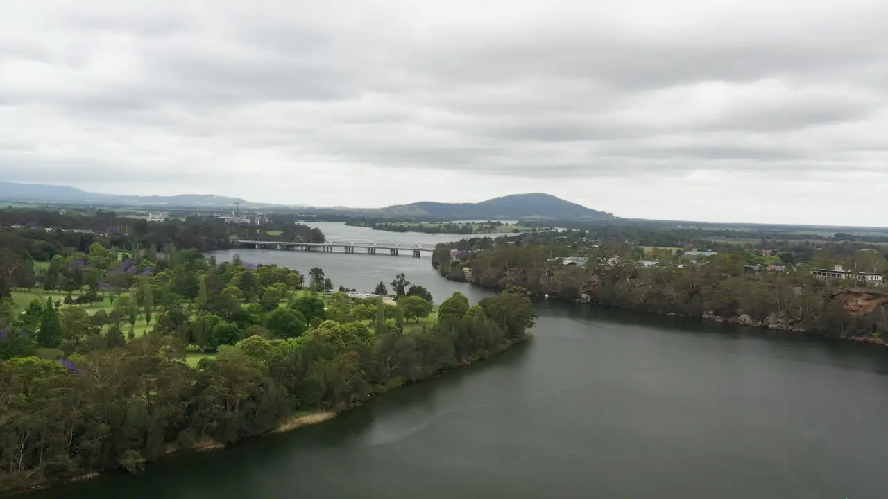 Aerial drone shot over the Shoalhaven river near Nowra on s stormy day in south coast NSW Australia