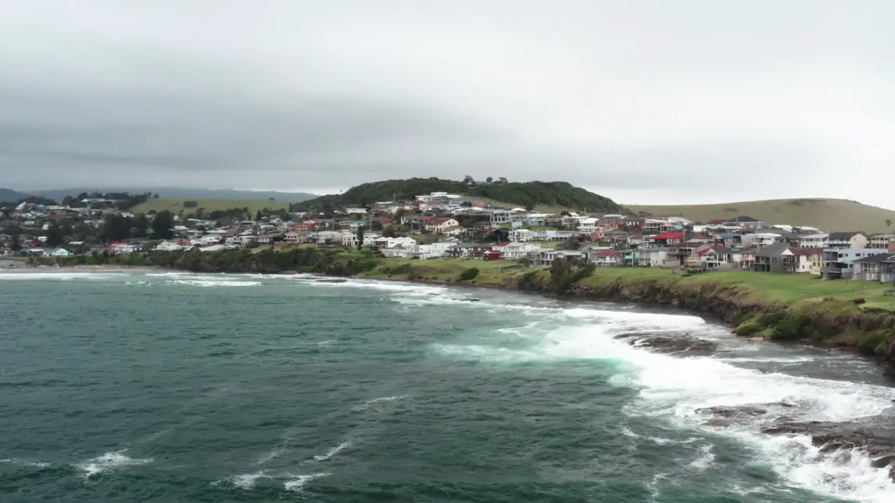 Aerial drone shot around the coastal town of Gerroa on a stormy day in the south coast of New South Wales Australia