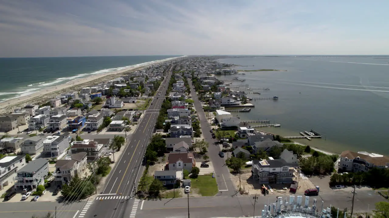 Skinny Island Beach Town with both bayside and ocean visible Aerial shot from water tower down the island