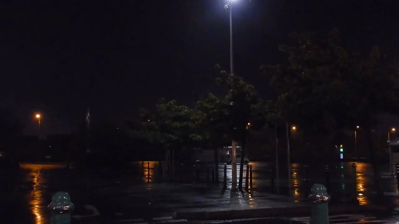 Storm Francis blowing car park trees in windy gale force gust at night