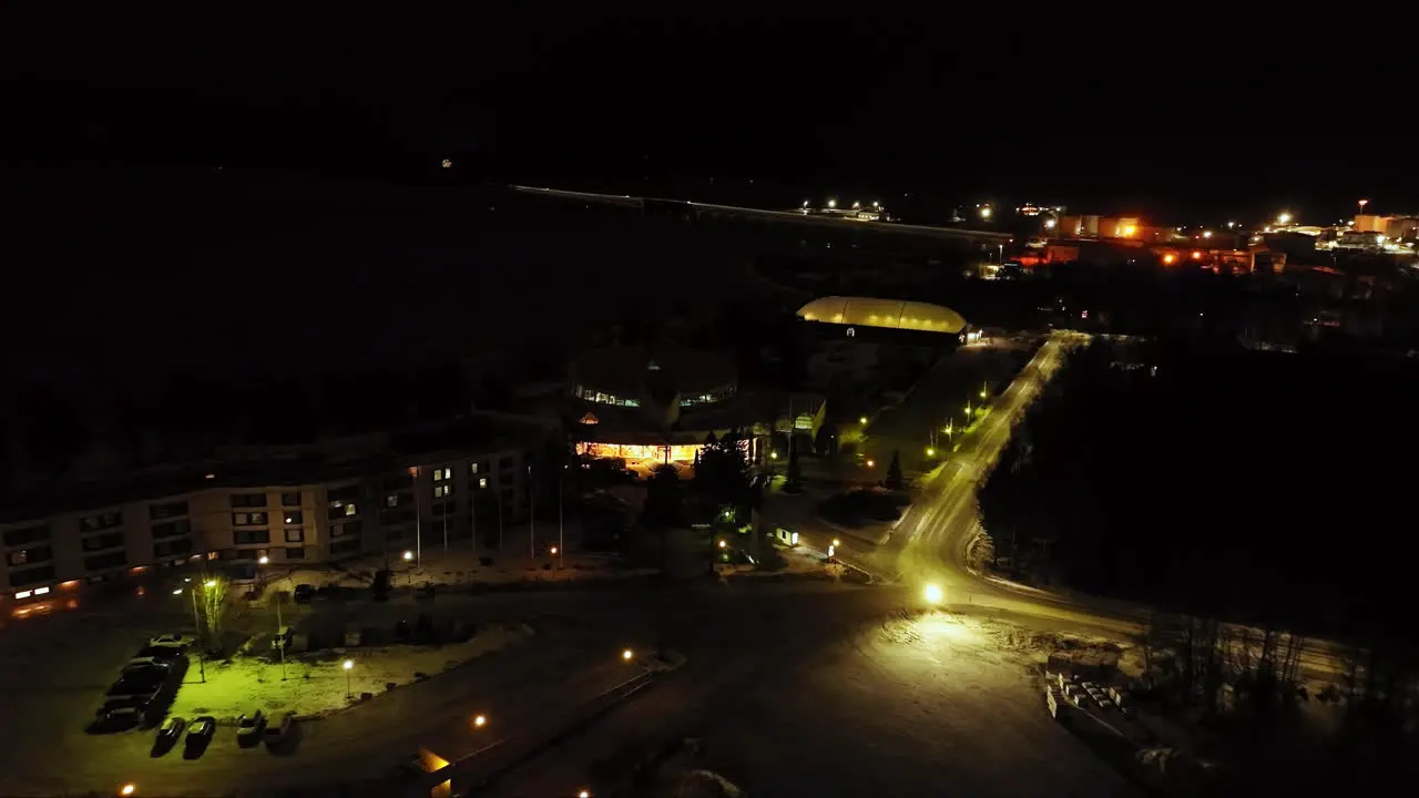 Aerial view away from the Tropiclandia water park and resort night in Vaasa Finland