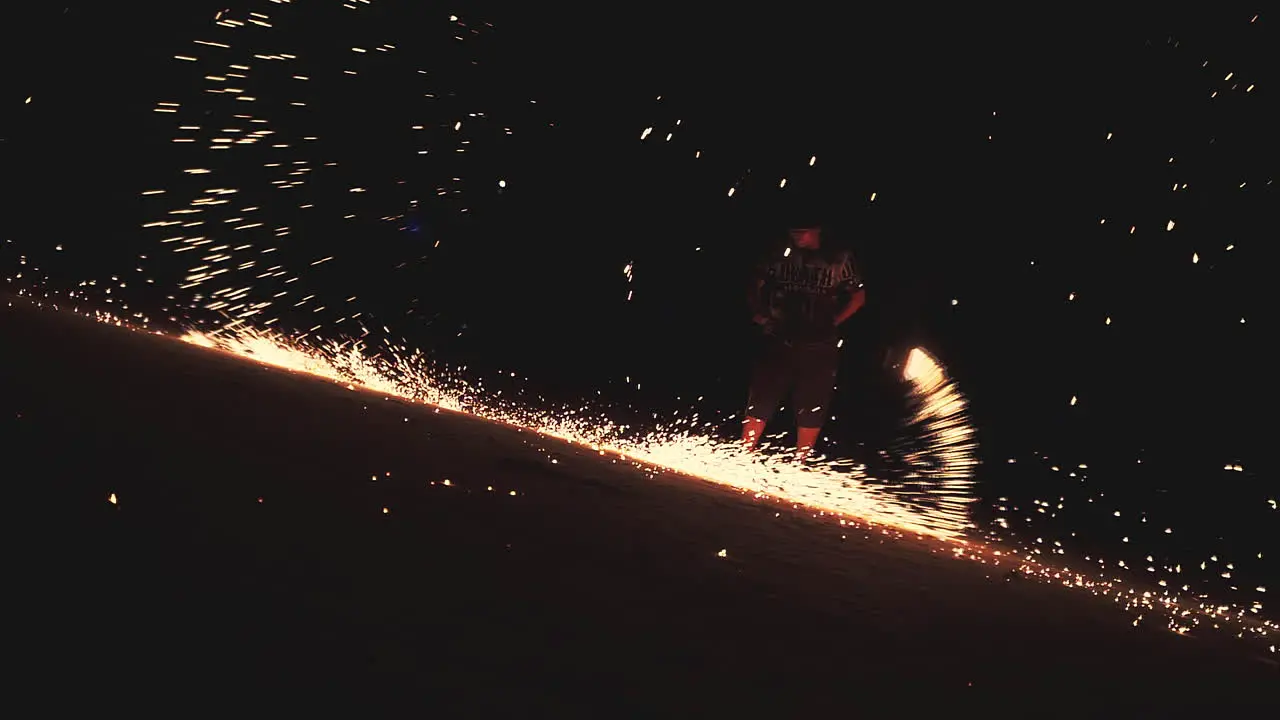 Man spinning sparking torch at Haad Rin beach performance at night