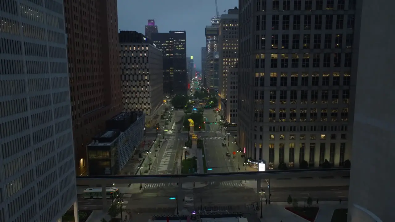 Aerial shot of downtown Detroit Michigan during the night