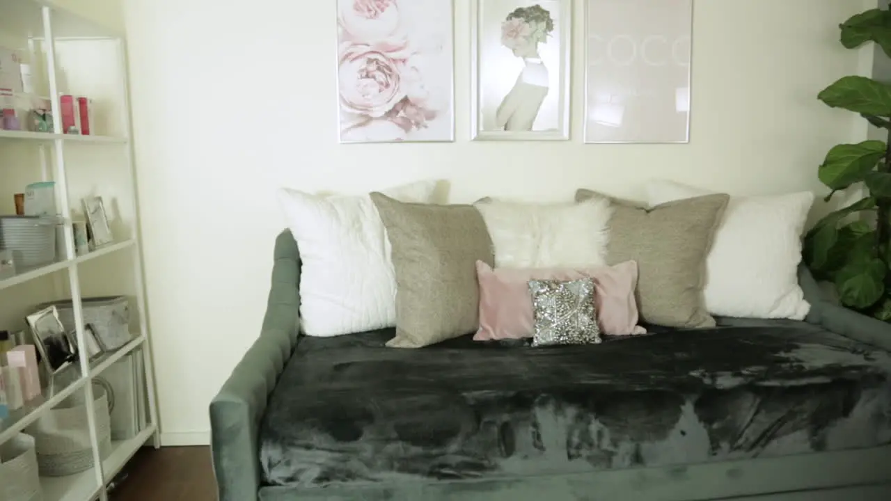 Velvet Couch Decorates Plush Guest Lounge Room in Home Makeover Apartment Show