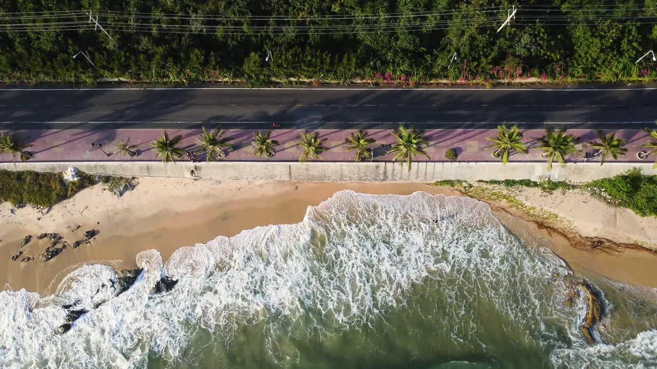 Slow motion top view of the beautiful landscape of the beach water waves crashing to the sand next to the coastal road on the sunset of Vietnam mui ne at palm trees forest background of the road