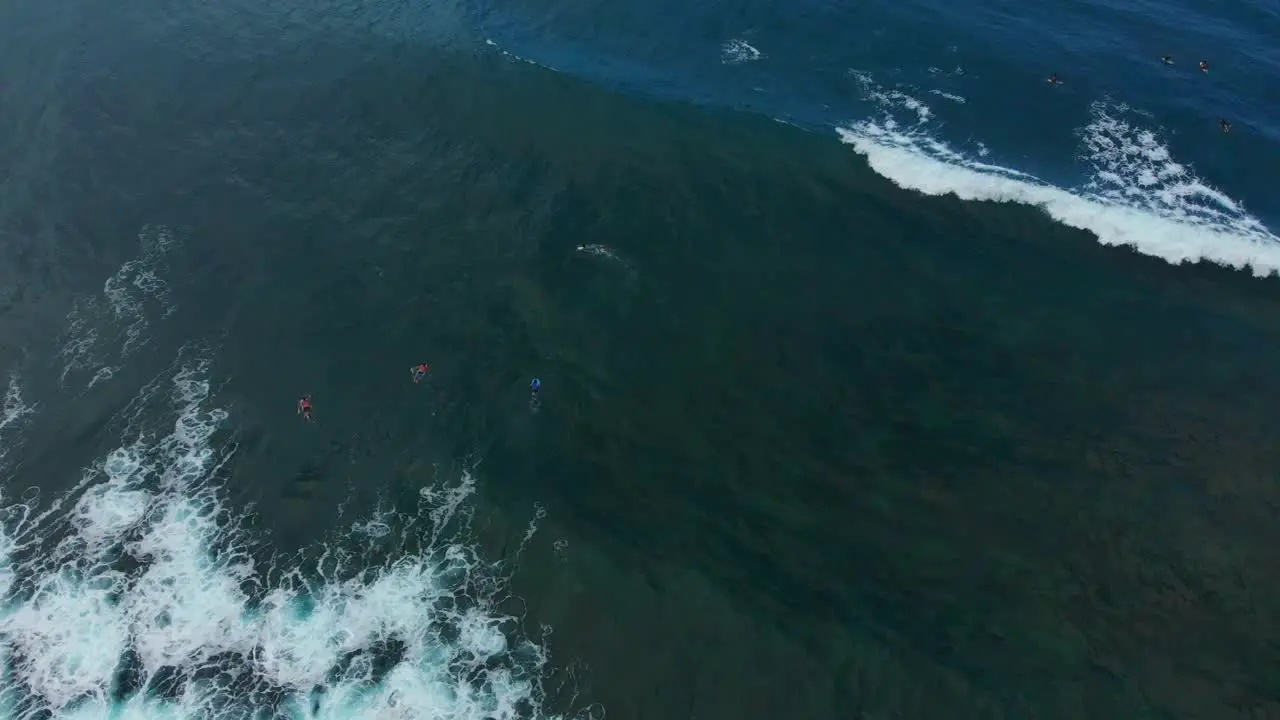 A Surfer riding a wave while others wait in line on the Caribbean island of Tobago