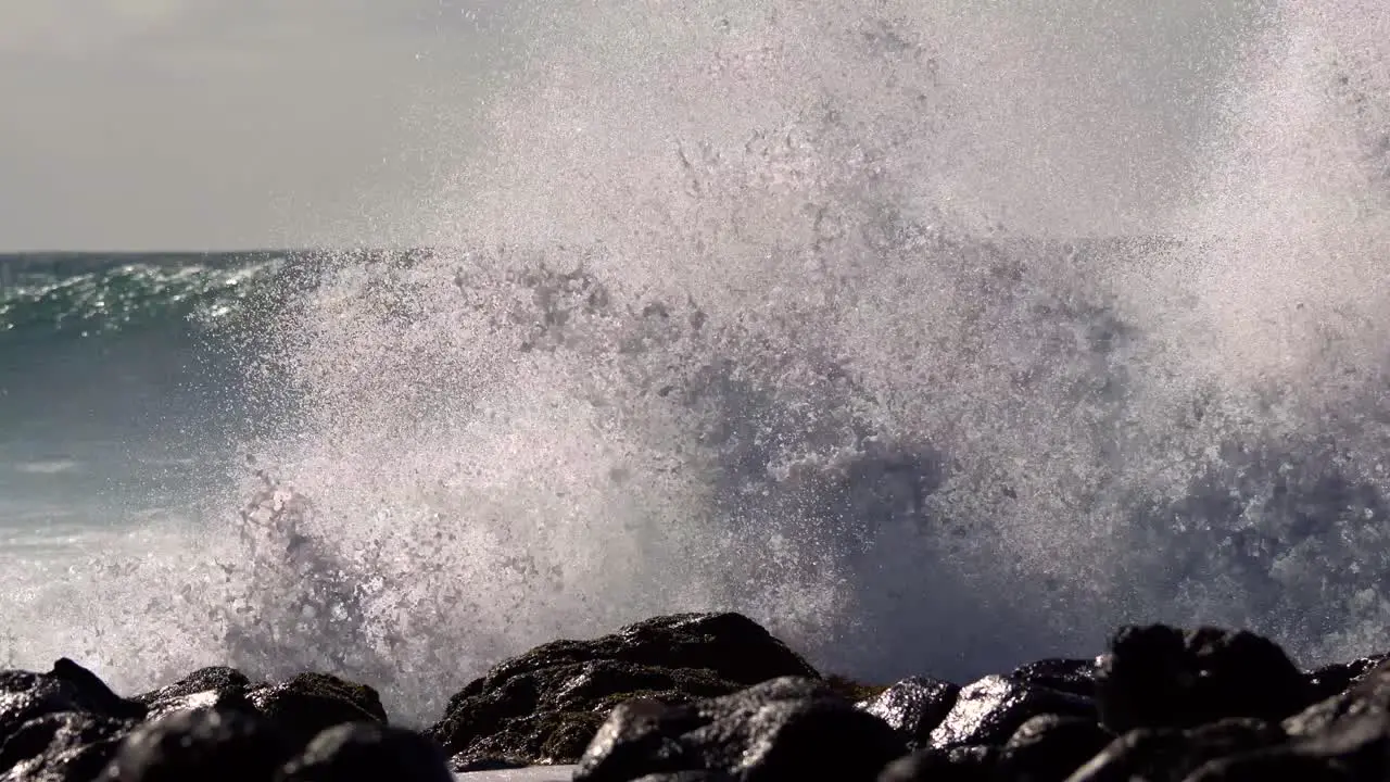 Blue waves roll into the coast of Hawaii and break on the shore