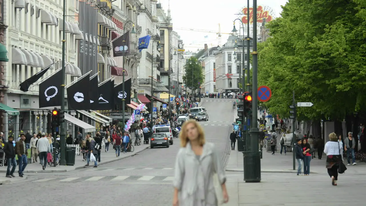 Time lapse of people walking on a sidewalk in Oslo Norway