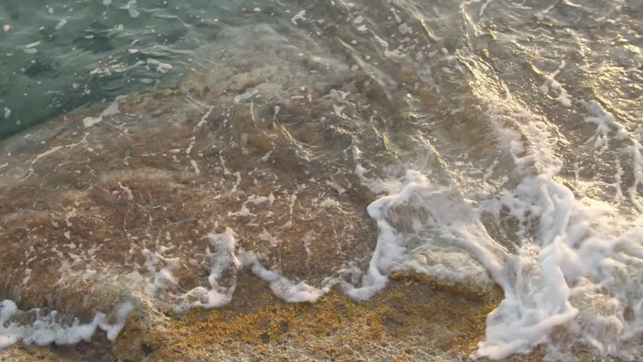 Slow Motion Mediterranean Sea Waves Flowing Over Rocks With Seaweed Close Up