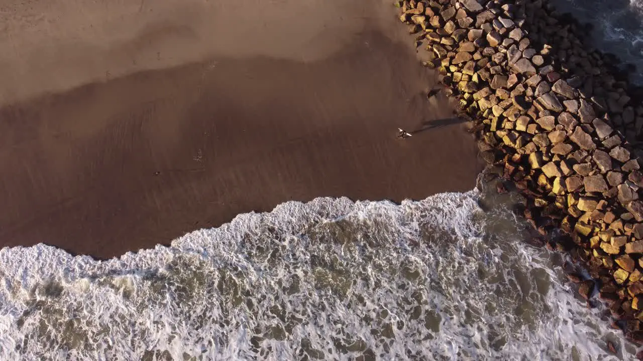 Aerial top down shot of surfer entering sea with surfboard during sunset time Waves and Foam reaching sandy beach