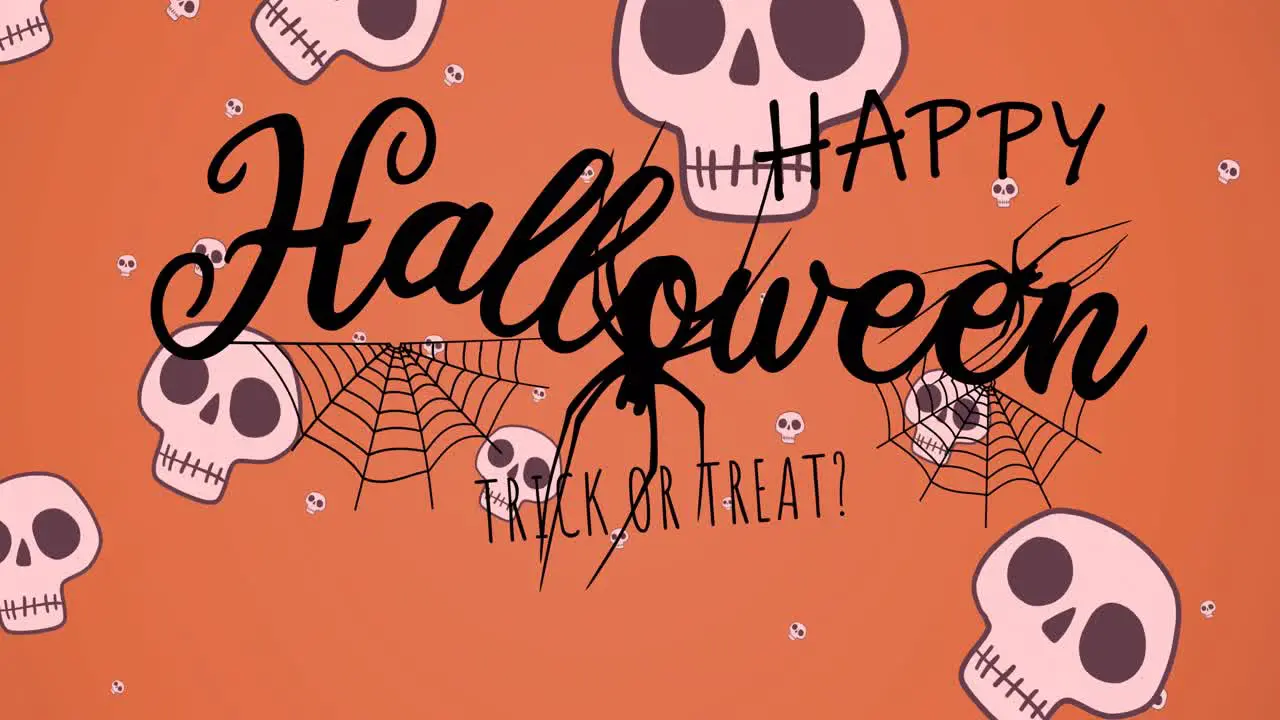 Animation of happy halloween trick or treat text with spiders and webs over skulls on orange