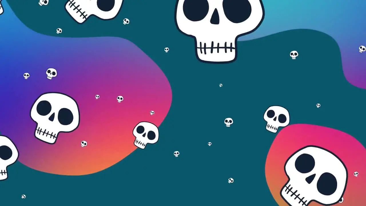 Animation of floating skulls on colorful background