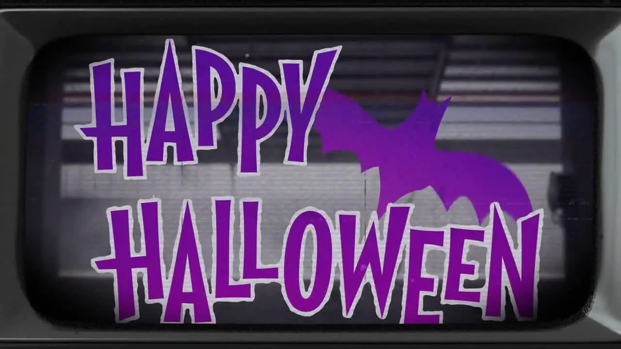 Animation of happy halloween and bat over screen with glitch in background