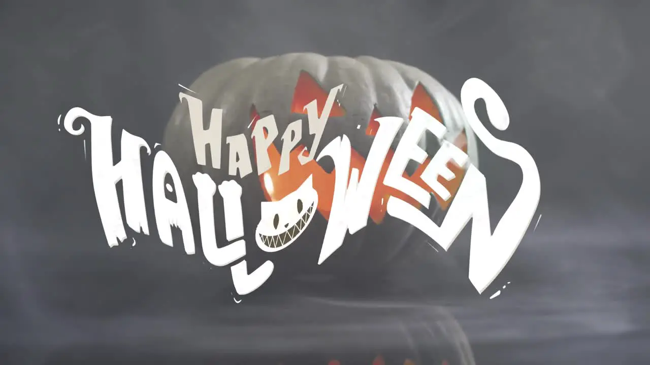 Animation of happy halloween text with cat over pumpkin