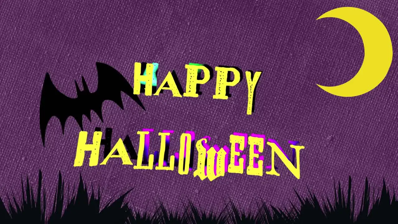 Animation of happy halloween text over bat and moon