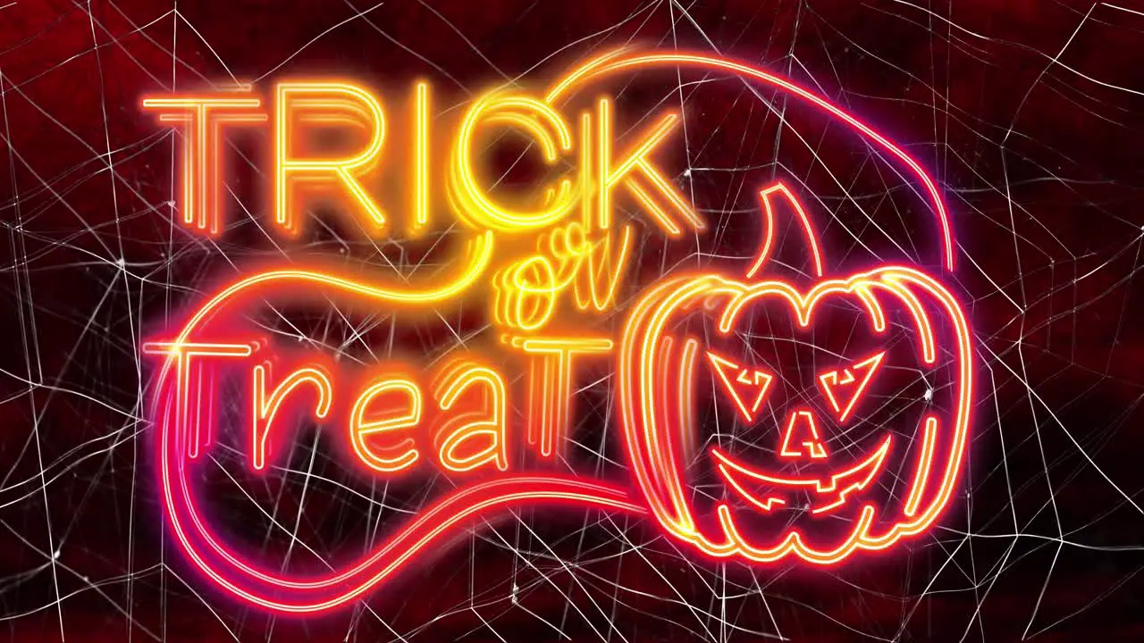 Trick or treat neon text banner with pumpkin icon against spider web on red background