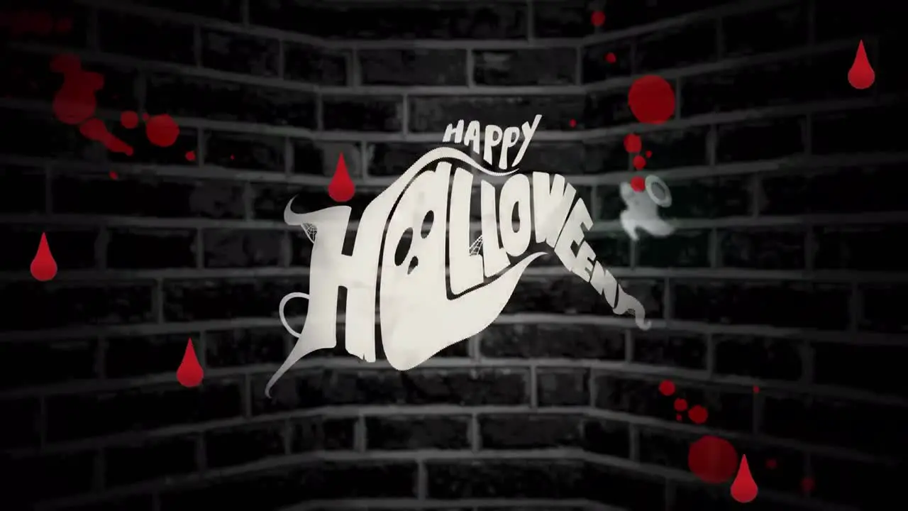 Animation of happy halloween and ghost over blood stain over brick background