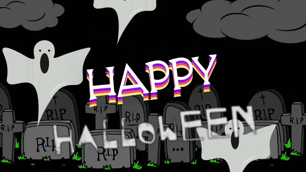 Animation of happy halloween text over ghosts and cemetery