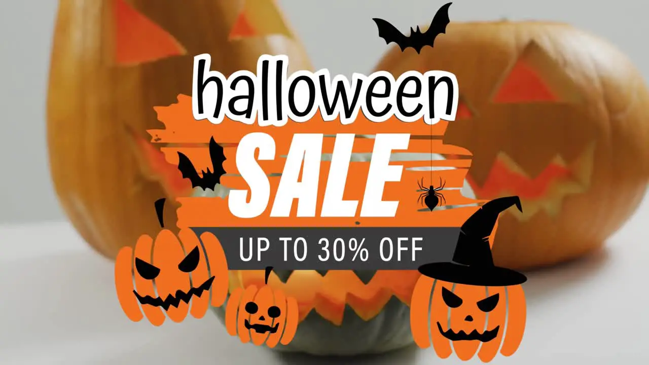 Animation of halloween sale text with ghosts over orange carved pumpkins