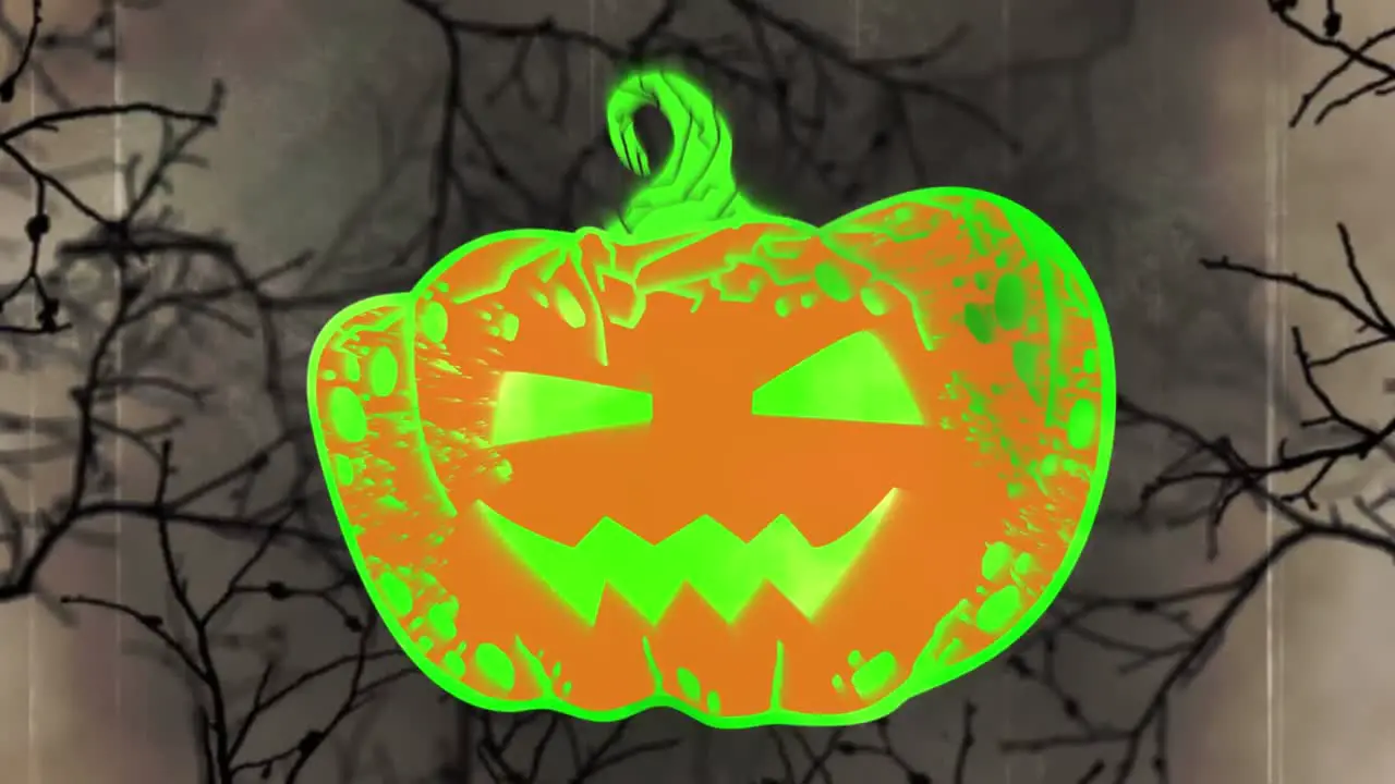 Animation of jack o lantern over branches on beige background