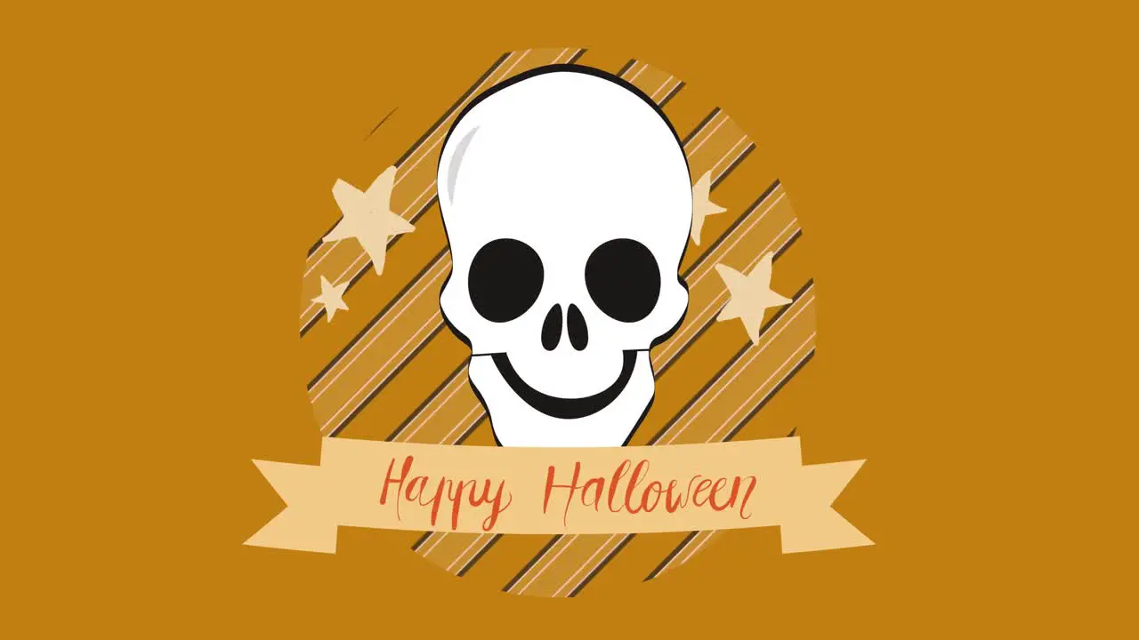 Animation of happy halloween text over skulls on orange