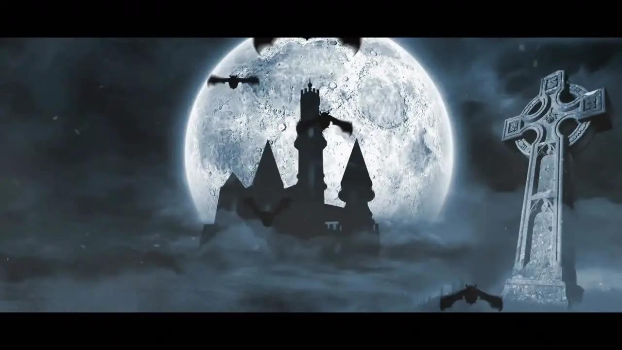 Bats flying over halloween castle and graveyard against moon in the night sky