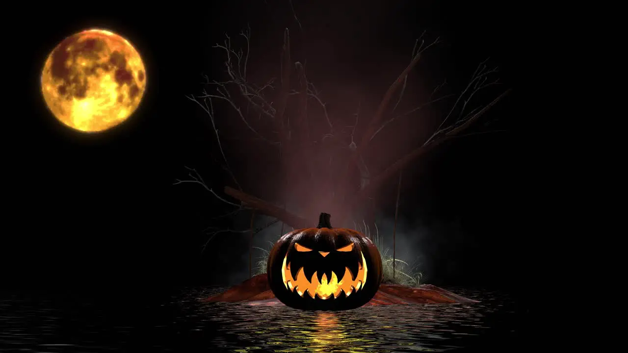 Halloween scary pumpkin with haunted tree glowing moon dust particles fog and water reflections 3D animation