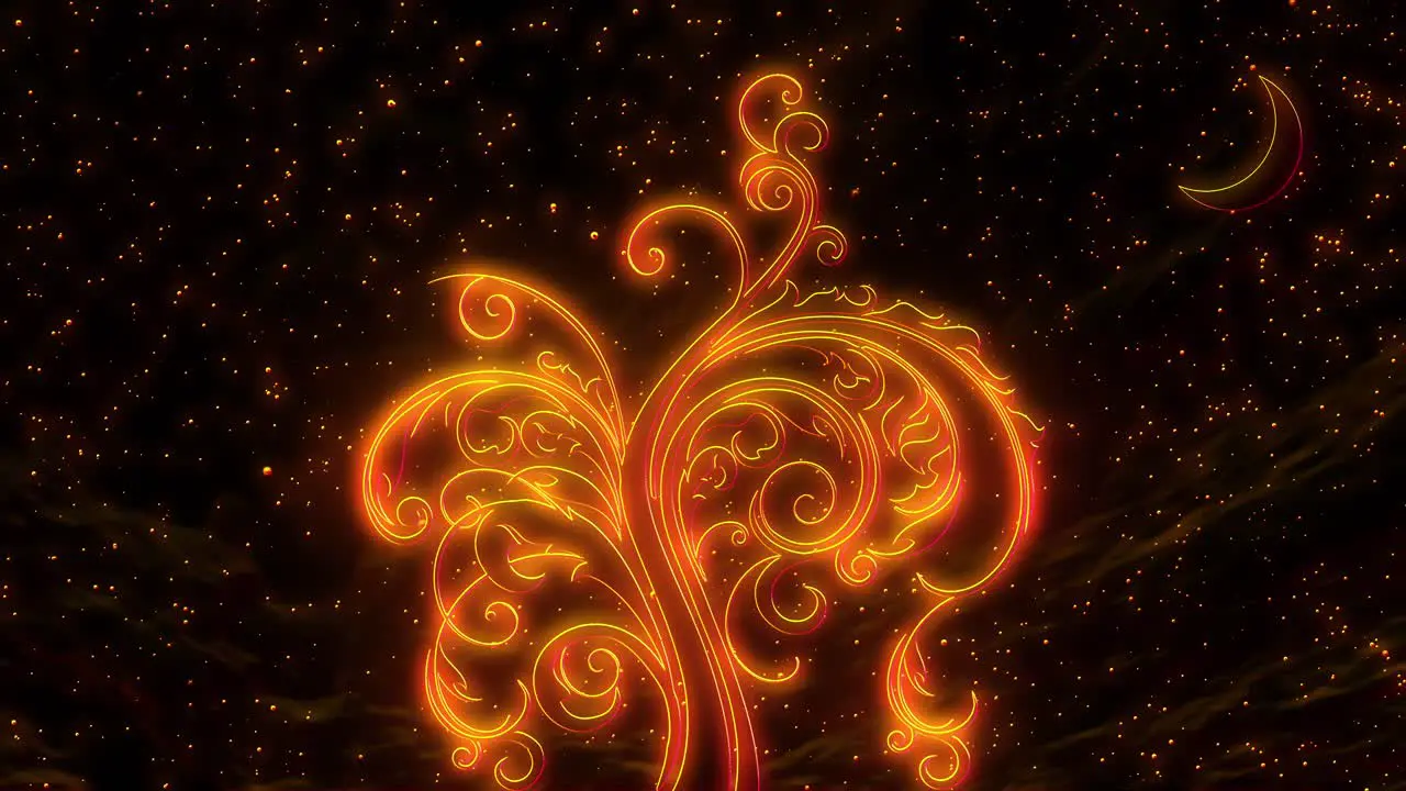 Beautiful animation of stylized and glowing golden tree of life growing with starry night half moon and shimmering stars in background