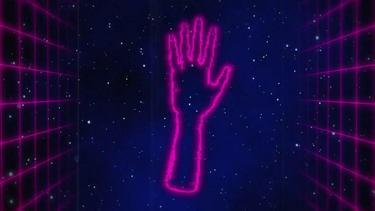 Animation of holographic hand in navy digital background