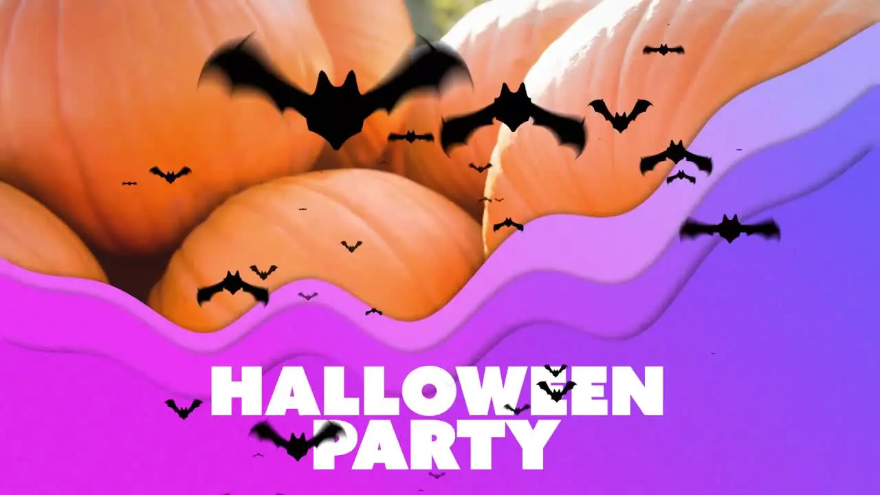 Animation of halloween greetings and bats on background with pumpkins