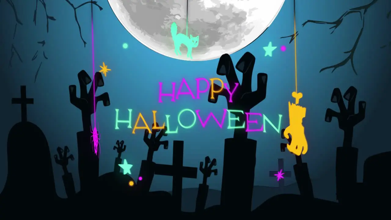 Animation of halloween greetings over cemetery with full moon and night in background