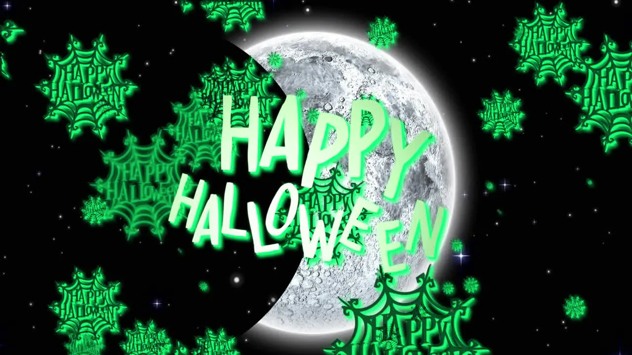 Animation of glowing happy halloween text with green spider webs over full moon in night sky