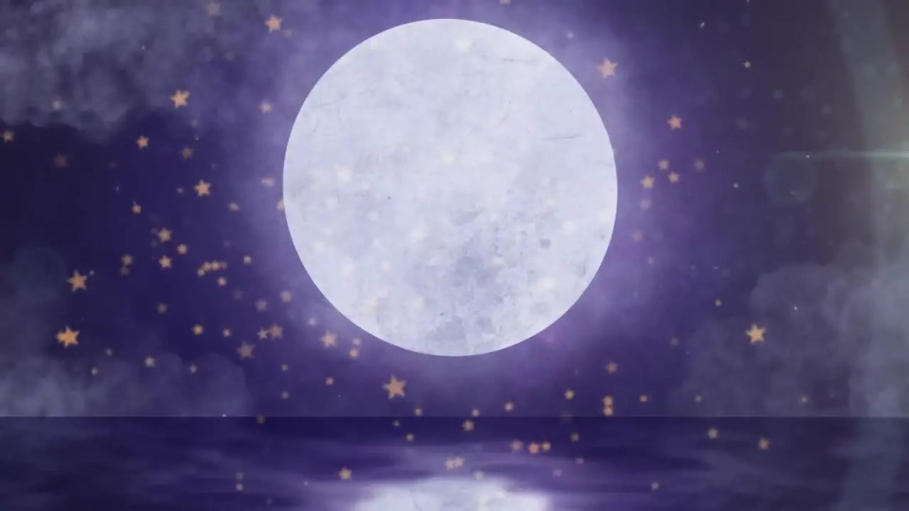 Animation of gold christmas stars floating over full moon in night sky