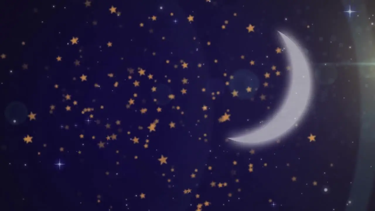 Animation of gold christmas stars floating over crescent moon in night sky