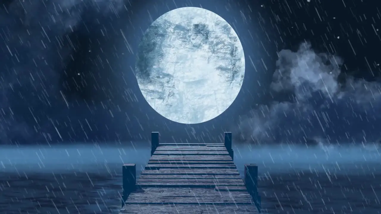 Animation of wooden jetty over sea rain and full moon on night sky in background