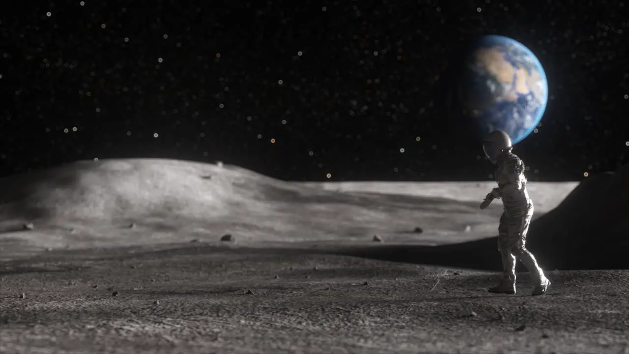 A Male Astronaut Performing a Moonwalk Dance on the Surface of the Moon Against the Background of