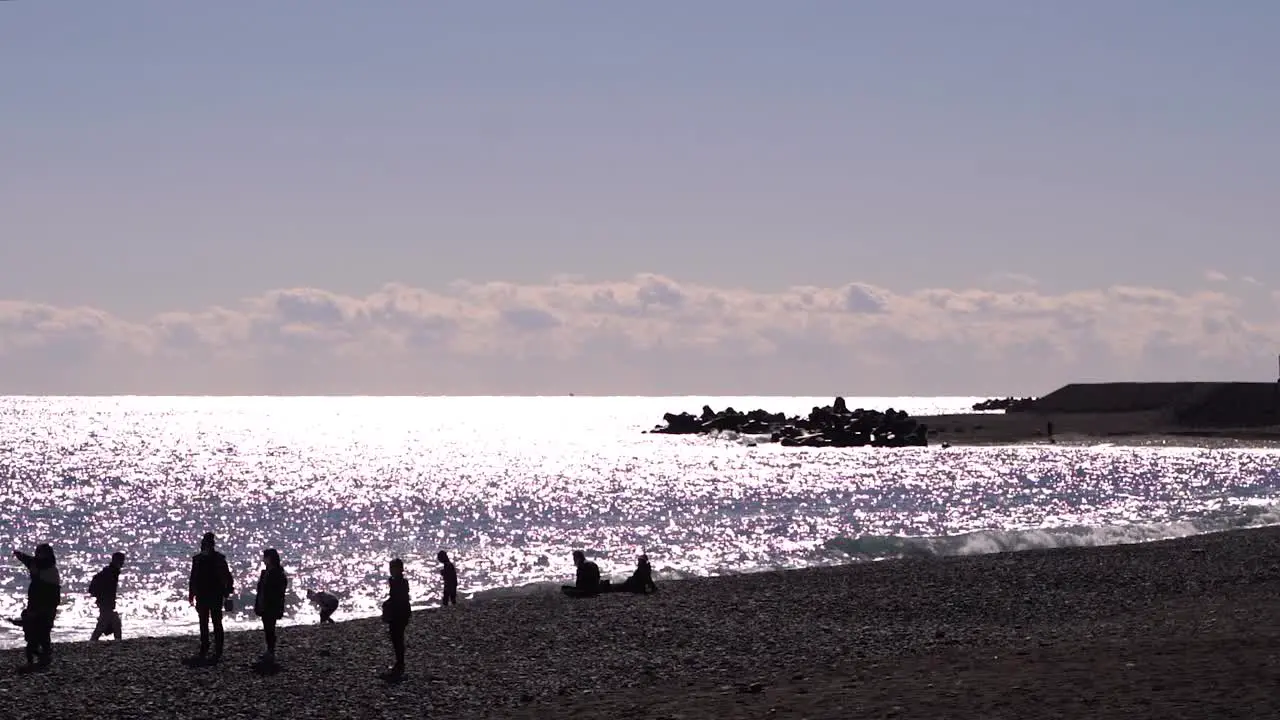 Silhouette view of people enjoying time on beach on clear sunny day slow motion