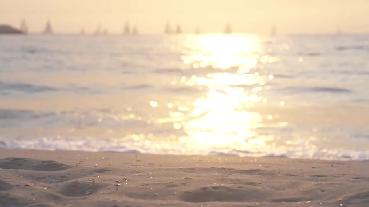 golden hour on Venice beach of Los Angeles sailboat sailing at the ocean the waves and sand are illuminated golden by the sunset